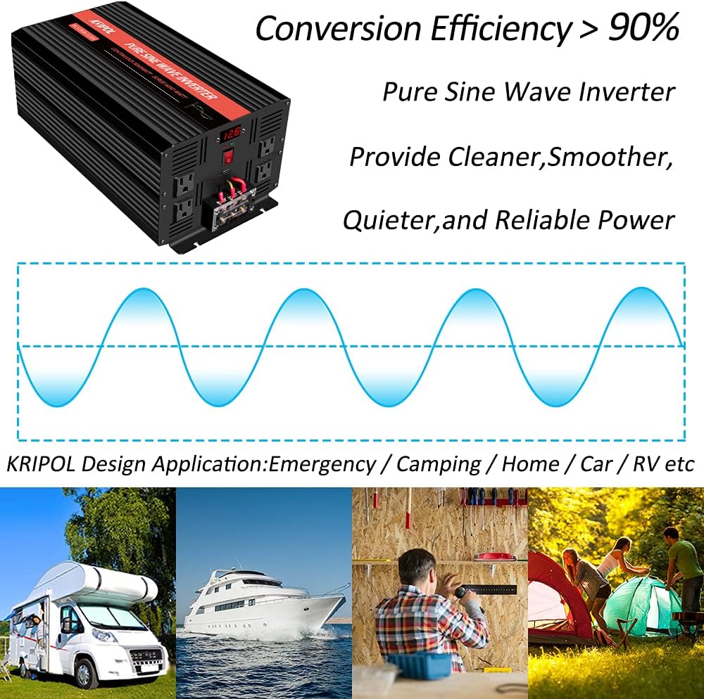 3000 Watt Pure Sine Wave Power Inverter 12V DC to 110V AC with 4 AC Outlets & USB Output J699292