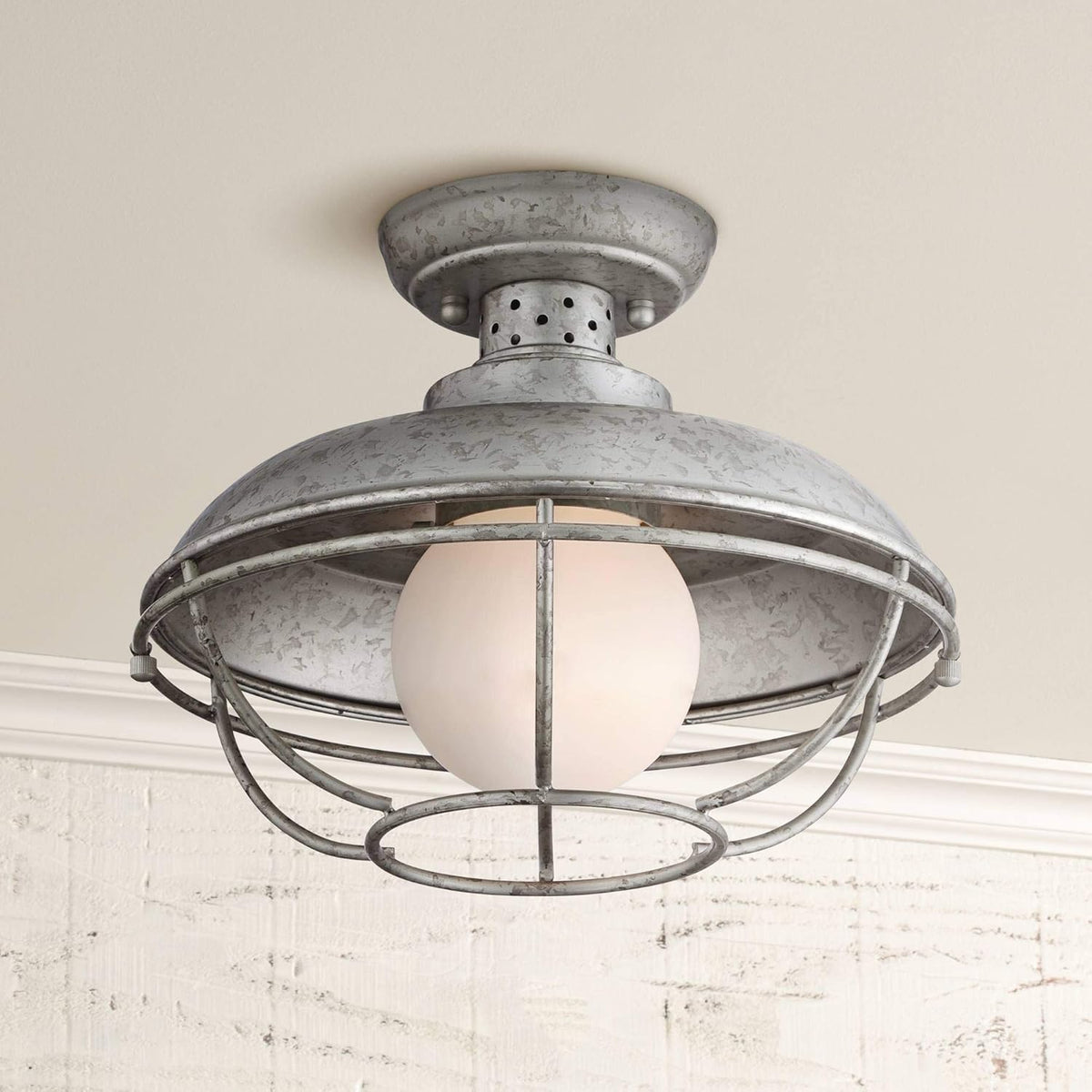 Rustic Industrial Galvanized Steel Open Cage Outdoor Ceiling Light Fixture D3549