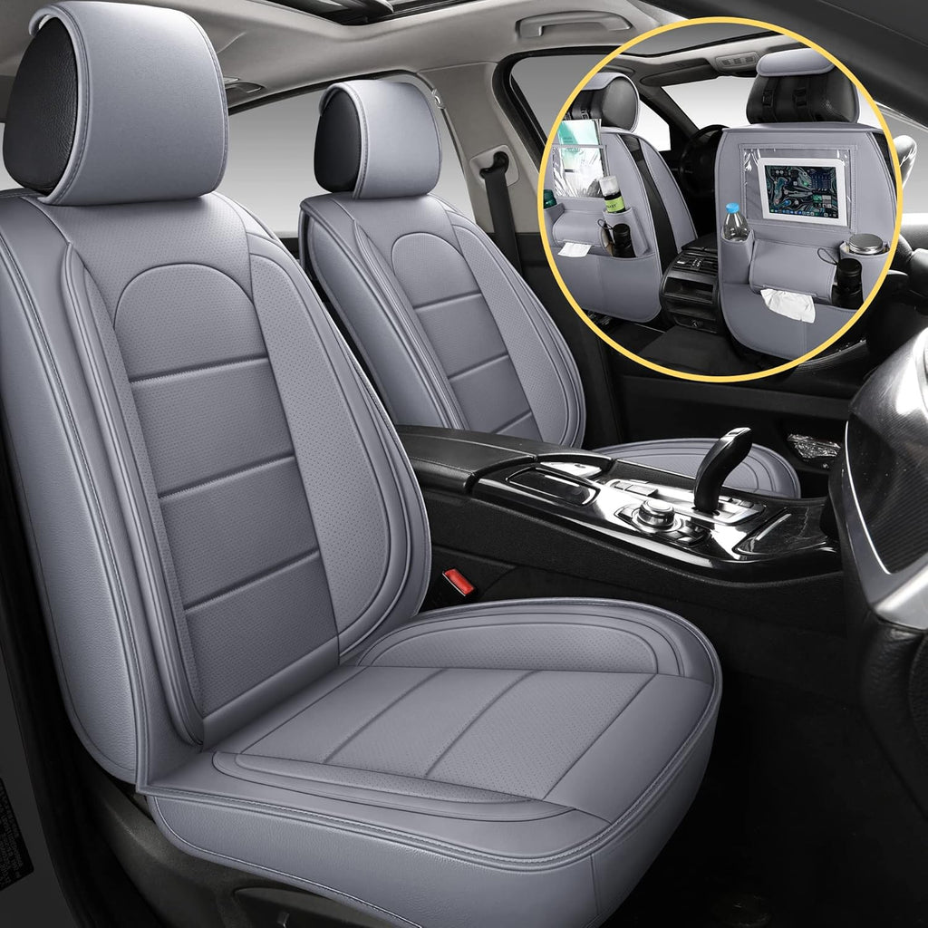 Black Leather Car Seat Covers with Backseat Organizer, Front Pair B9328