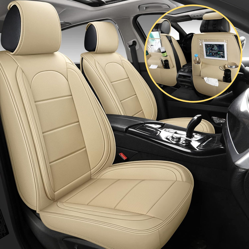 Black Leather Car Seat Covers with Backseat Organizer, Front Pair B9328