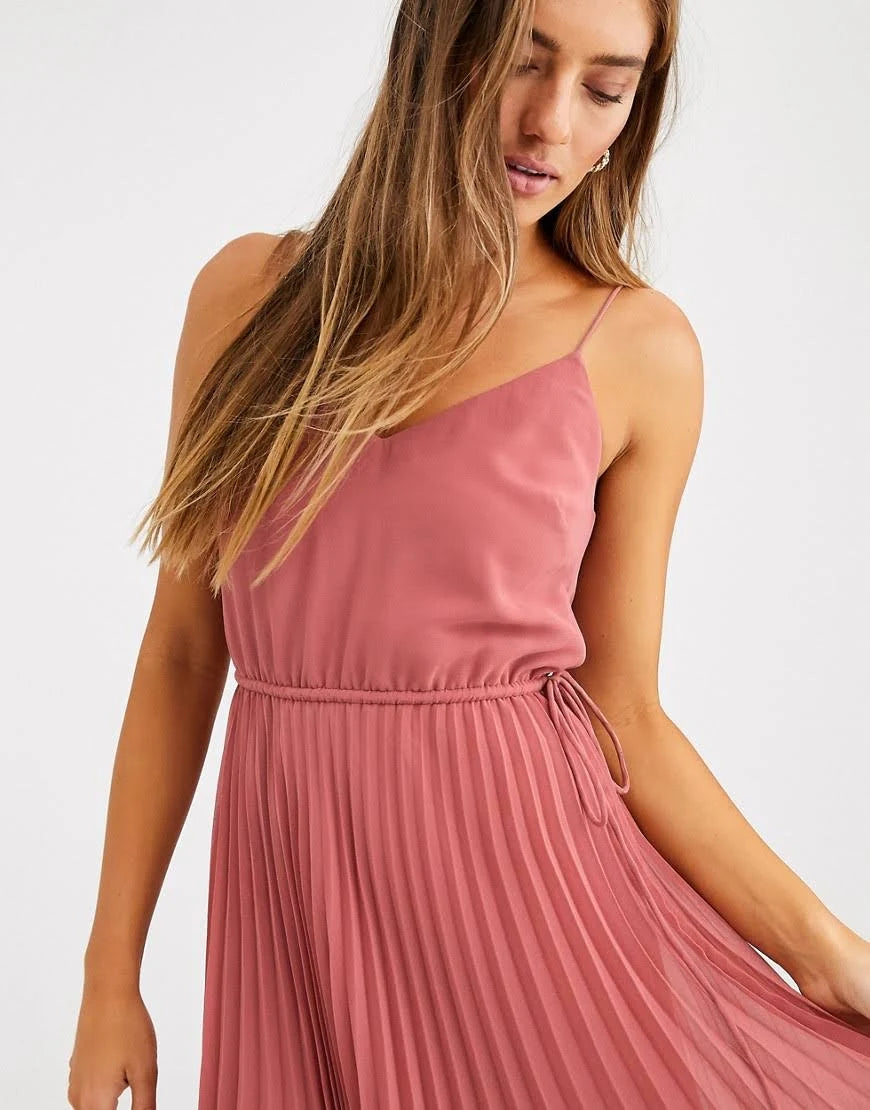 Dark Pink Pleated Cami Midi Dress with Drawstring Waist P6976