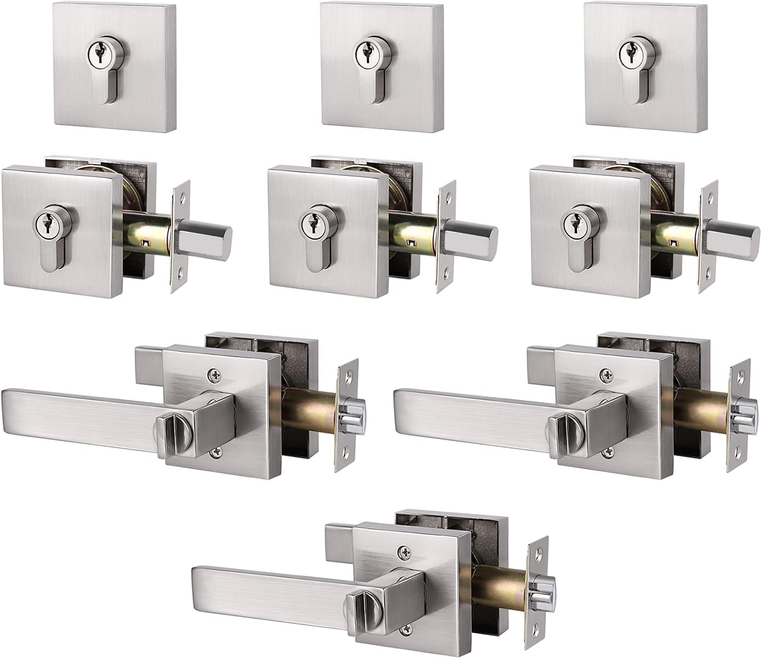 4 Pack Heavy Duty Entry Lever Door Handle and Single Cylinder Deadbolt Lock Combination Set, Satin Nickel Finish S2747