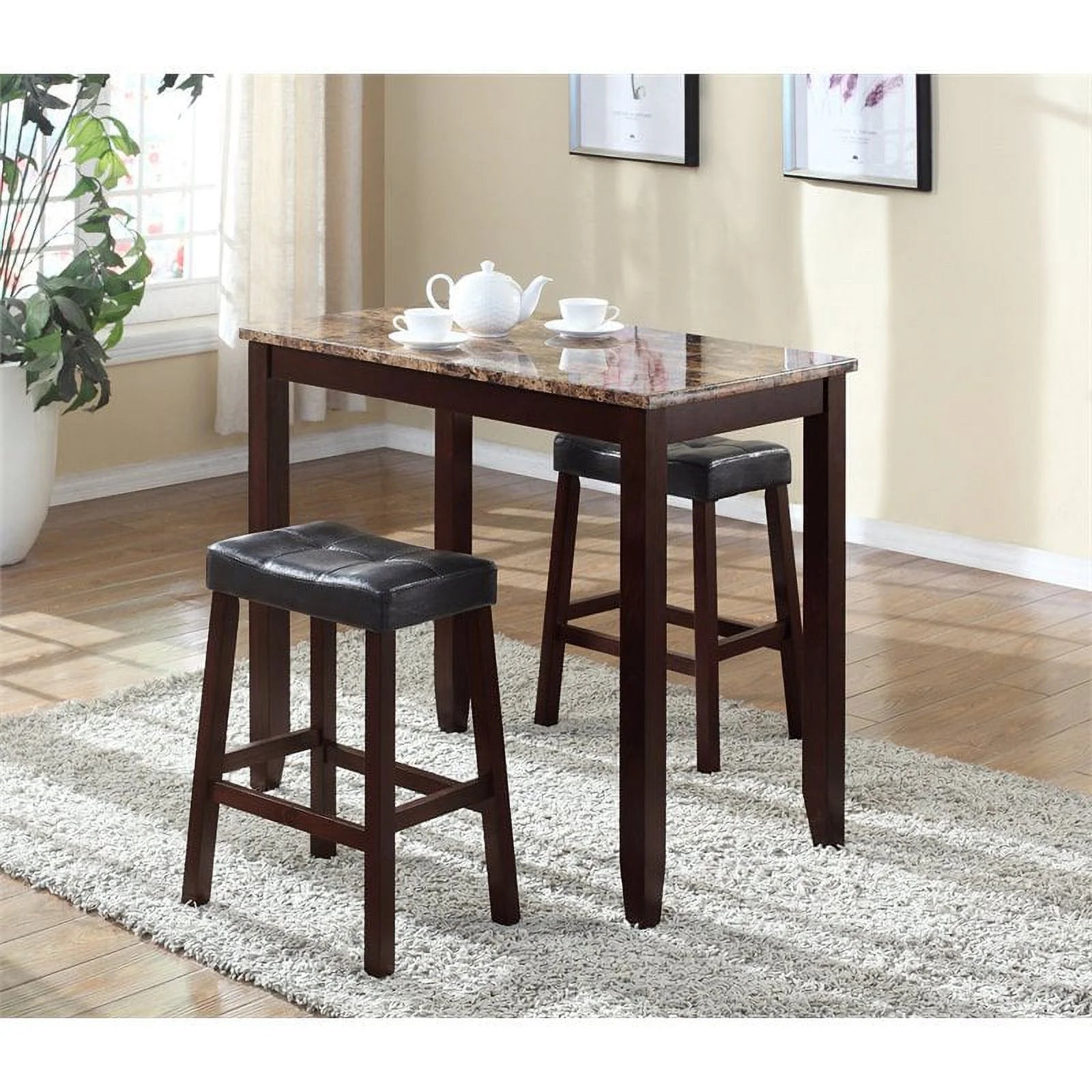 3Pc Espresso Marble Breakfast Table Set D794