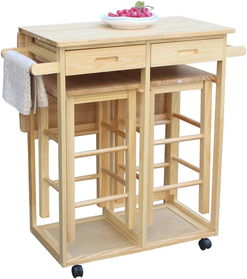 Foldable Dining Table Set with 2 Stools and 2 Drawers Solid Wood Drop Leaf Table U975