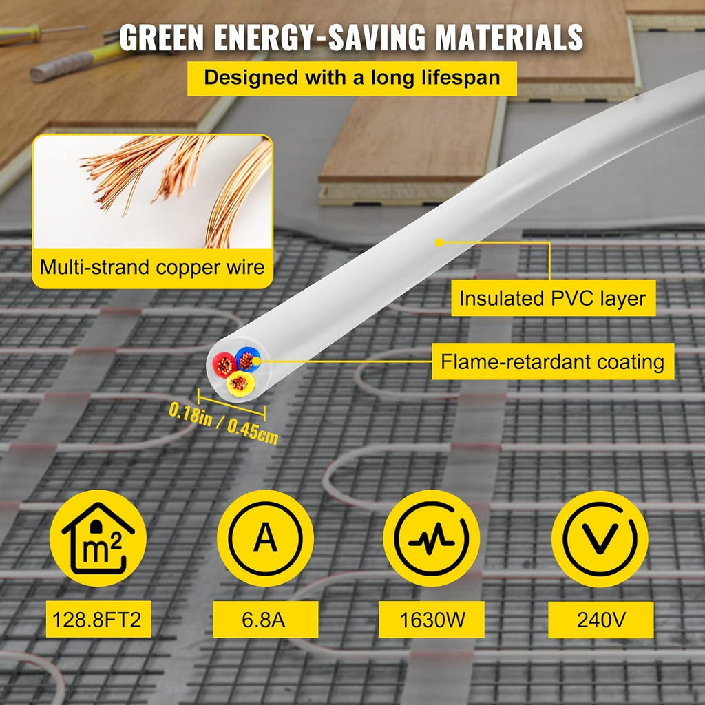 128.8 Square Feet Waterproof Insulated Floor Heating Cable with Temperature Control Panel W9922