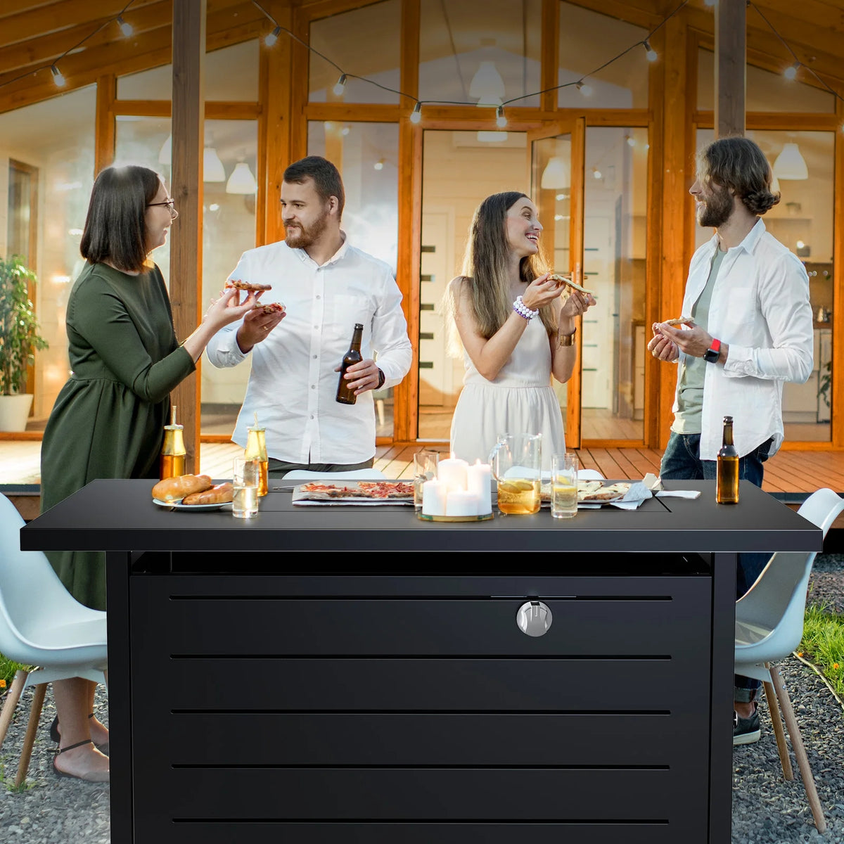 42" 2 in 1 Outdoor Propane Fire Pit Table with Lid, Lava Rock, 50,000 BTU V8208