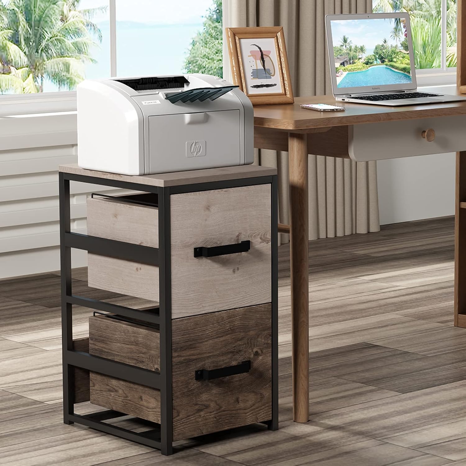 Wood Lateral File Cabinet with 1 Drawer, Printer Stand with Storage Shelves R40490