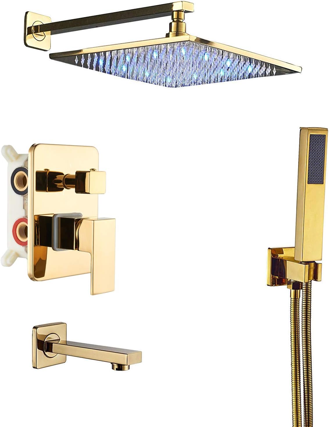 Black 3-way Mixer LED Color 12" Top Rain Shower Tub Spout Tap with Handheld Spray B195