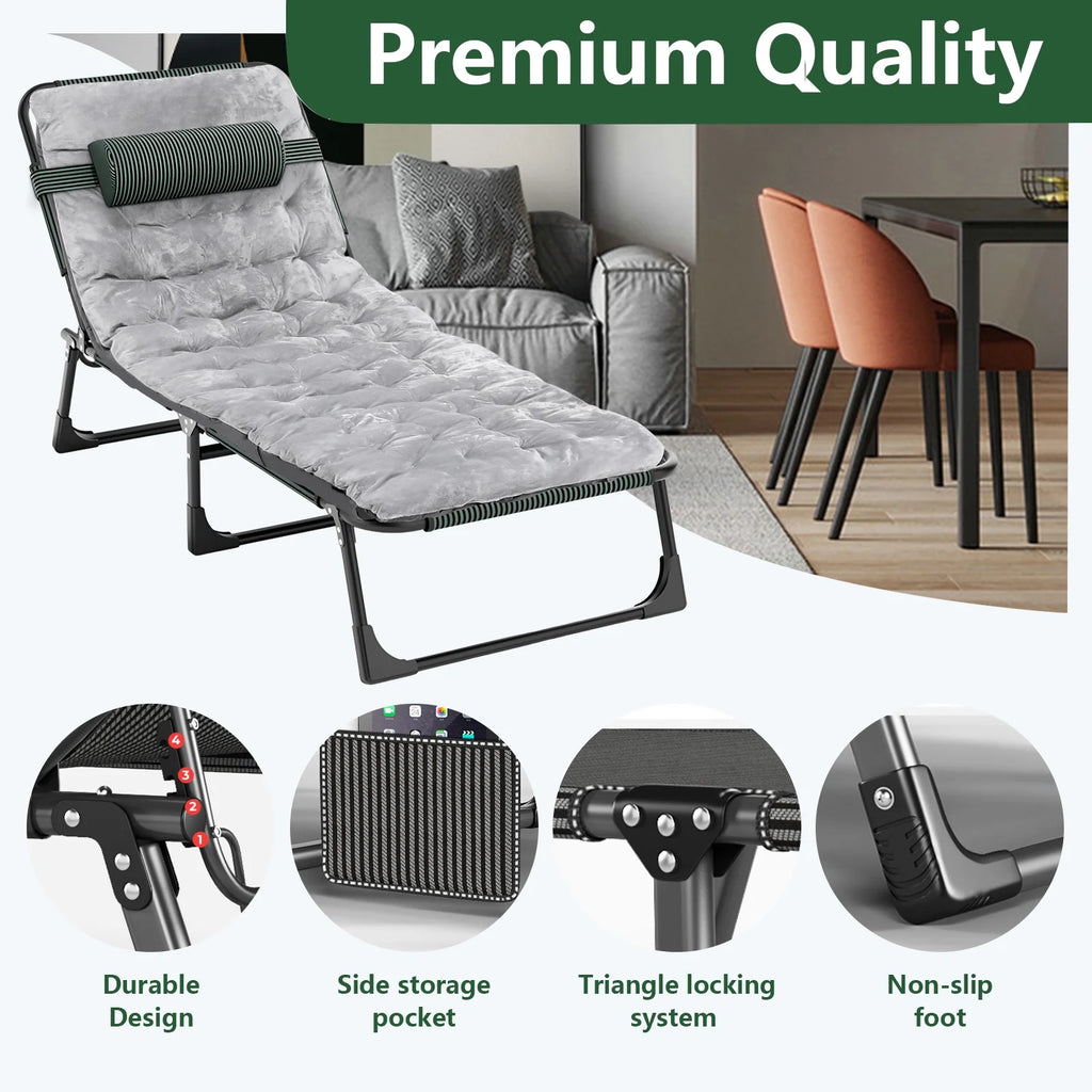 Folding Camping Cot Bed with Mat, Adjustable 4 Position Heavy Duty Outdoor Lounge Chair N5612