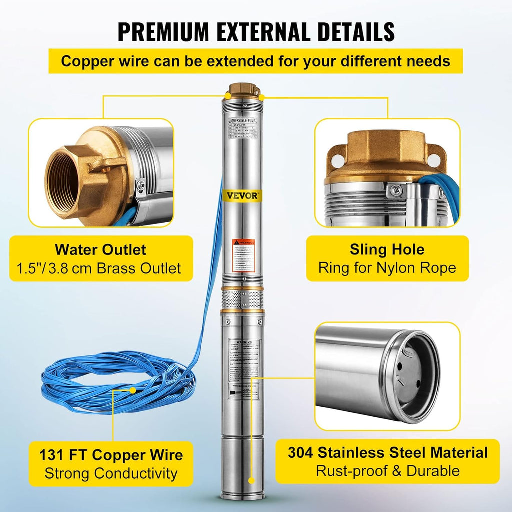 Stainless Steel Submersible Well Pump 1.5 HP 110V 131ft Cable 24GPM G738363