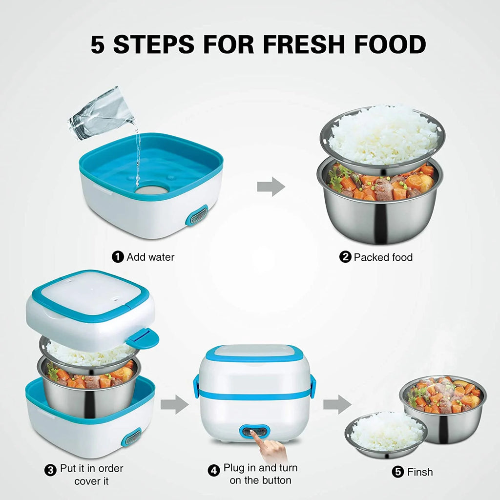 Electric Lunch Box Food Heater Cooker Steamer with Stainless Steel Bowls V589395