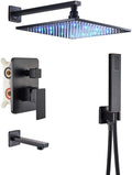 Black 3-way Mixer LED Color 12" Top Rain Shower Tub Spout Tap with Handheld Spray B195