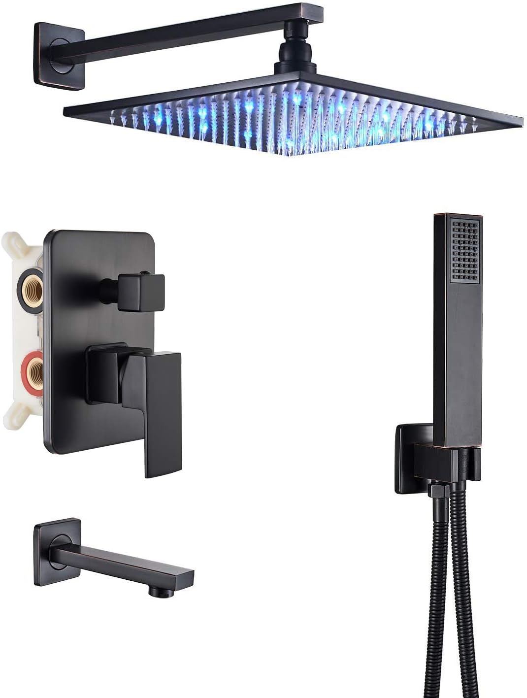 Black 3-way Mixer LED Color 12" Top Rain Shower Tub Spout Tap with Handheld Spray B195