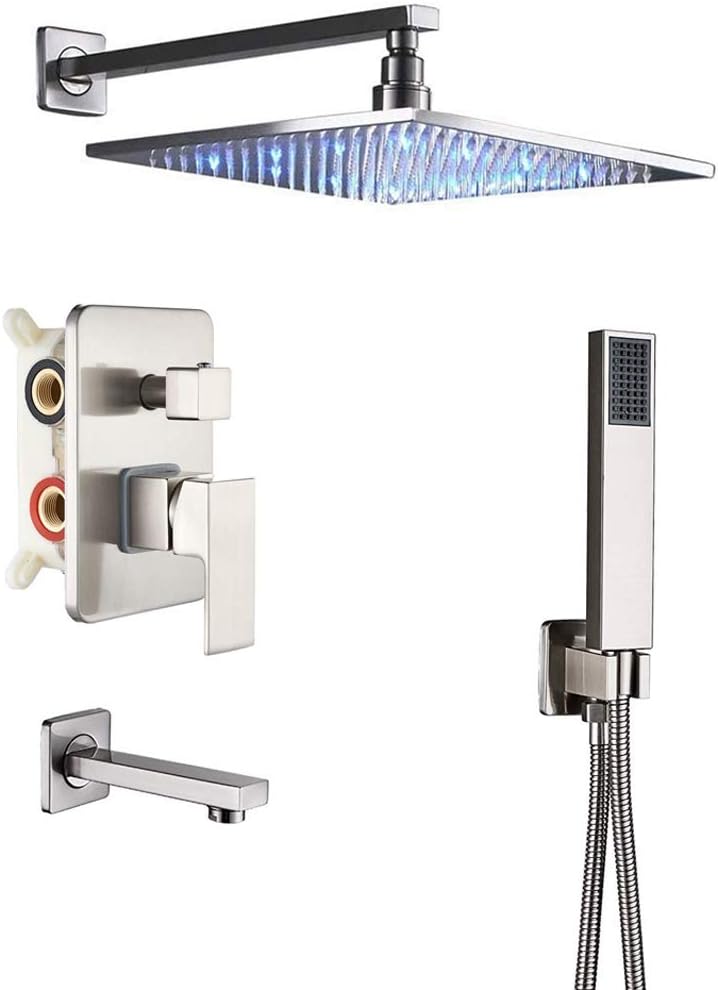 Black 3-way Mixer LED Color 12" Top Rain Shower Tub Spout Tap with Handheld Spray B195