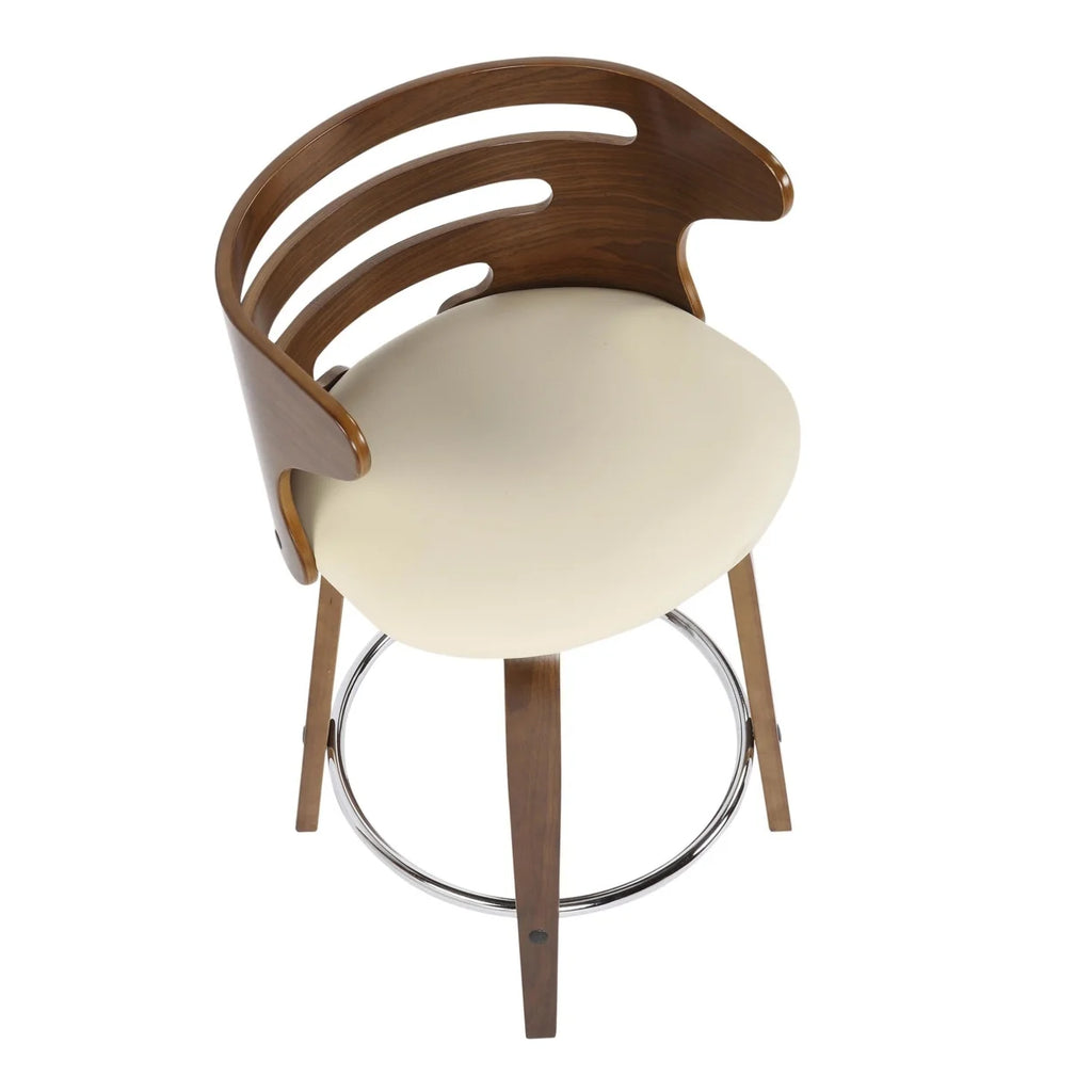 Mid-Century Modern Counter Stool With Swivel In Walnut And Cream Faux Leather - Set Of 2 N4723