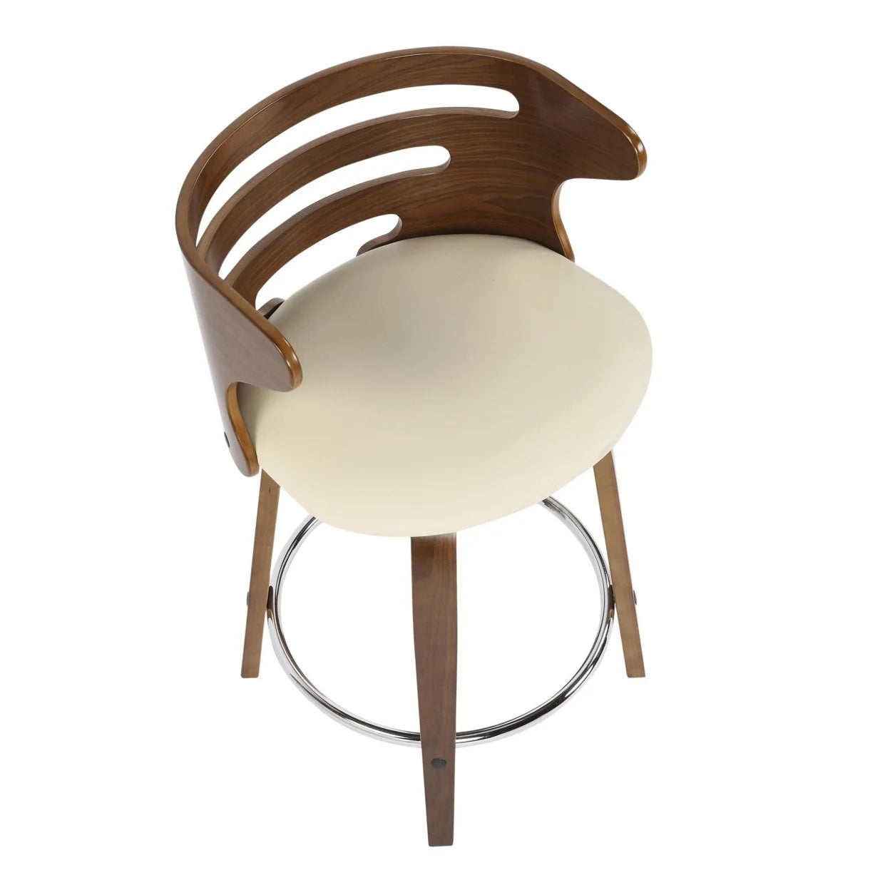 Mid-Century Modern Counter Stool With Swivel In Walnut And Cream Faux Leather - Set Of 2 N4723