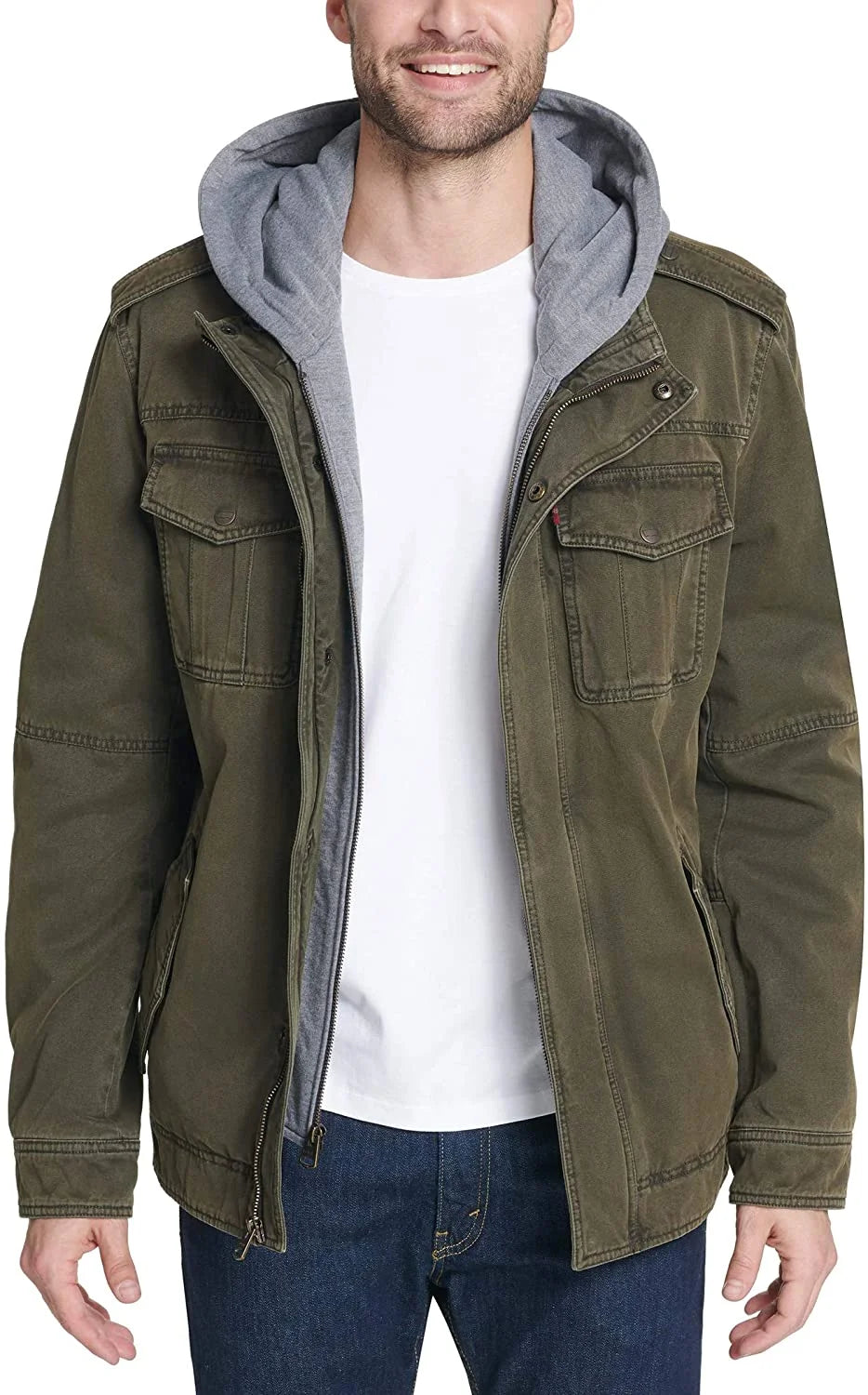 Mens Washed Cotton Hooded Military Jacket Olive D2186