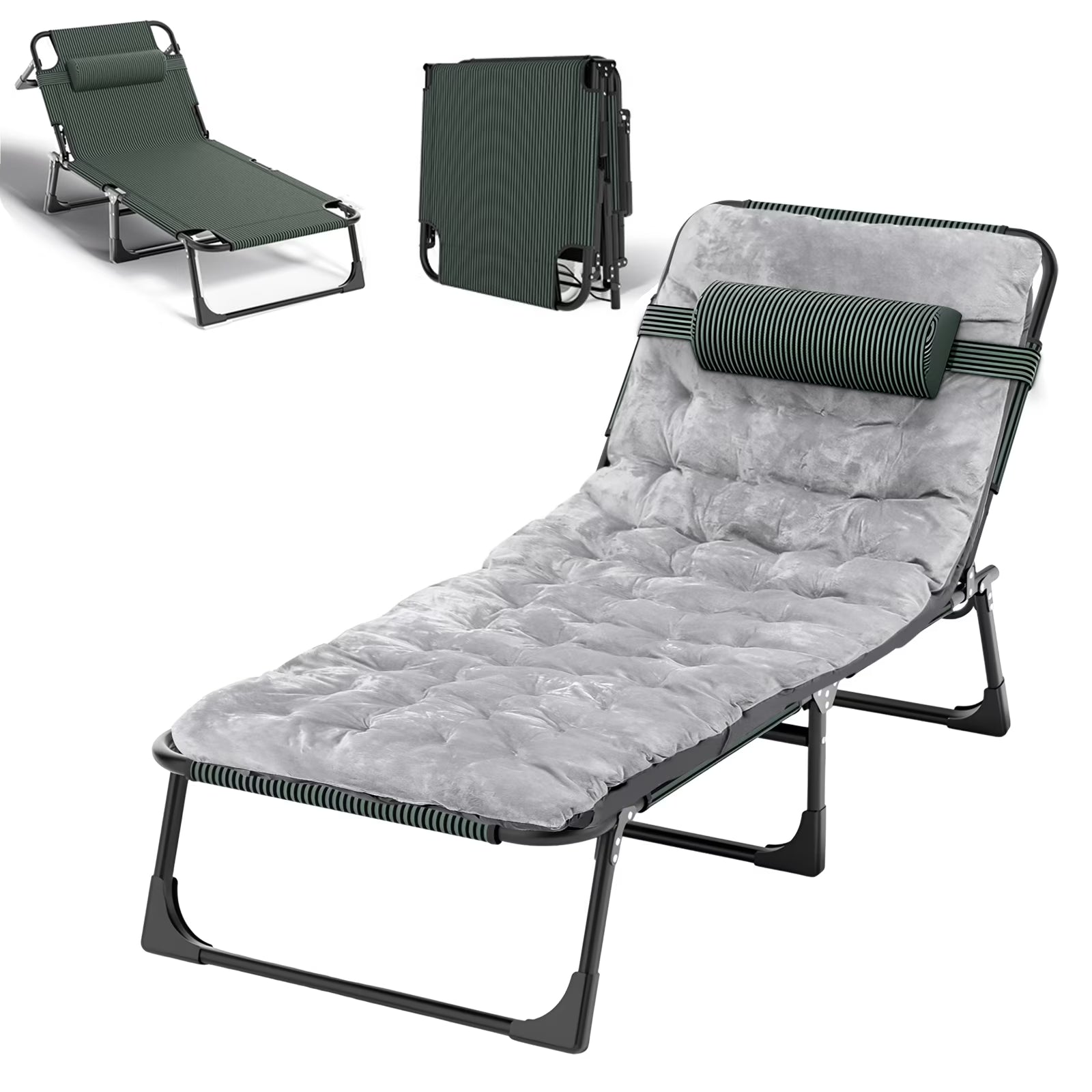 Folding Camping Cot Bed with Mat, Adjustable 4 Position Heavy Duty Outdoor Lounge Chair N5612