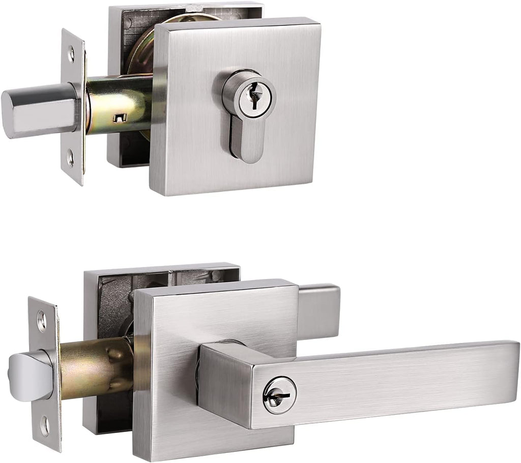 4 Pack Heavy Duty Entry Lever Door Handle and Single Cylinder Deadbolt Lock Combination Set, Satin Nickel Finish S2747
