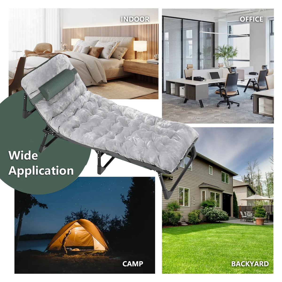 Folding Camping Cot Bed with Mat, Adjustable 4 Position Heavy Duty Outdoor Lounge Chair N5612