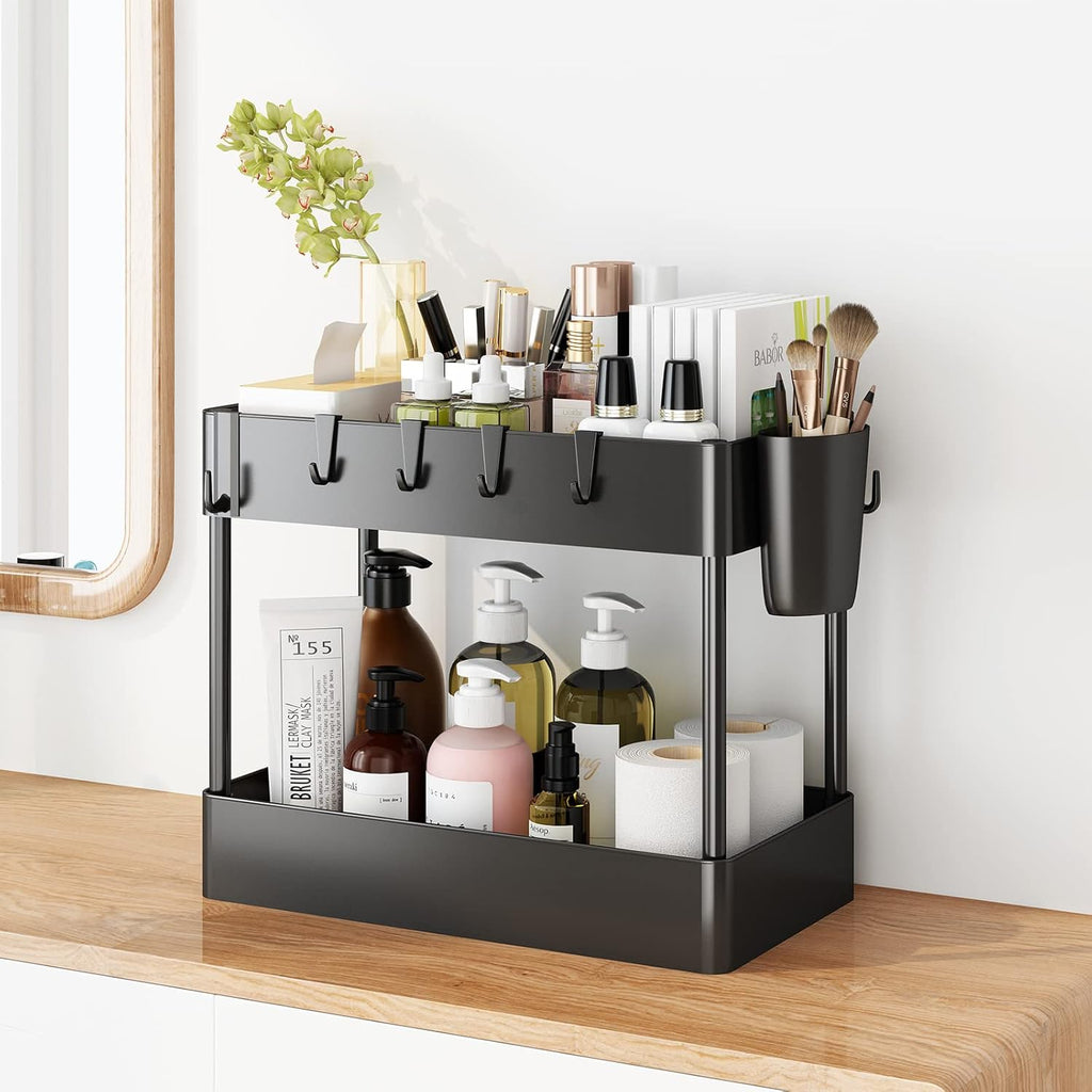 2 Tier Under Sink Rack Organizer with 6 Hooks, Black Z40689