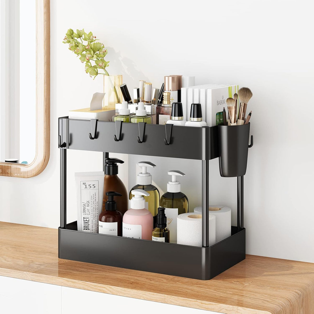 2 Tier Under Sink Rack Organizer with 6 Hooks, Black Z40689