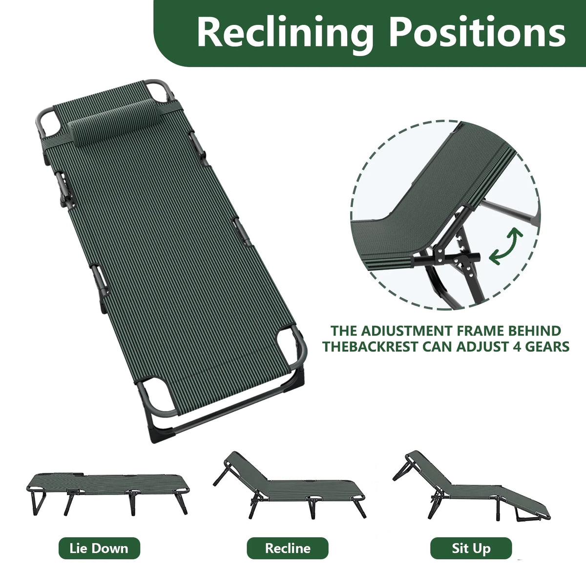 Folding Camping Cot Bed with Mat, Adjustable 4 Position Heavy Duty Outdoor Lounge Chair N5612