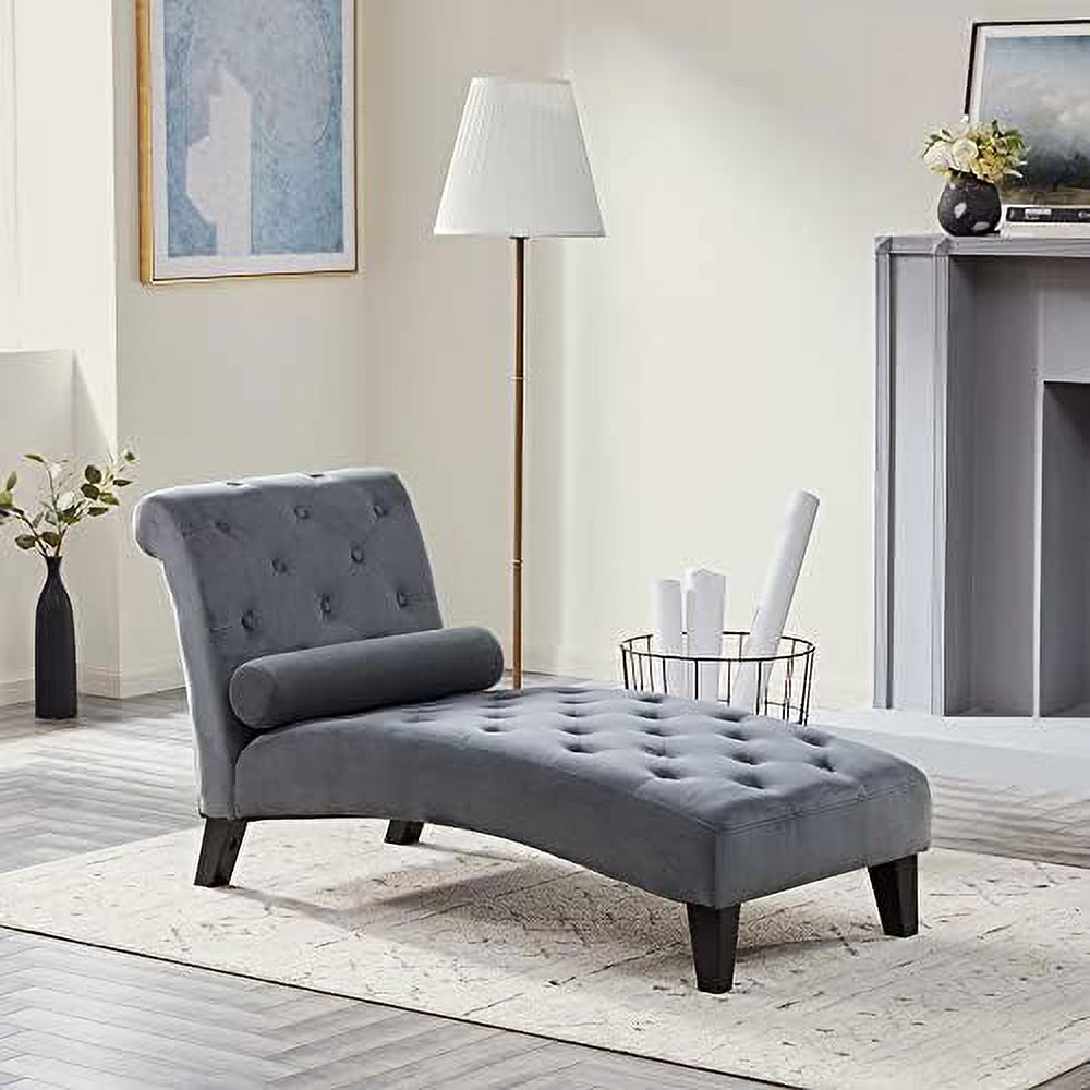Beige Upholstered Chaise Lounge Sofa with Button Tufted Back and Hardwood Legs Q96778