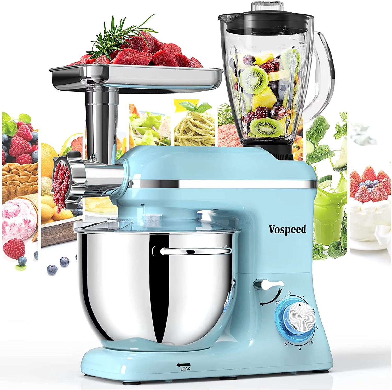 9 IN 1 Stand Mixer 850W Tilt-Head Electric Mixer with 7.5 QT Stainless Steel Bowl, Meat Grinder, Juice Blender with 1.5L Glass Jar - Blue F6973