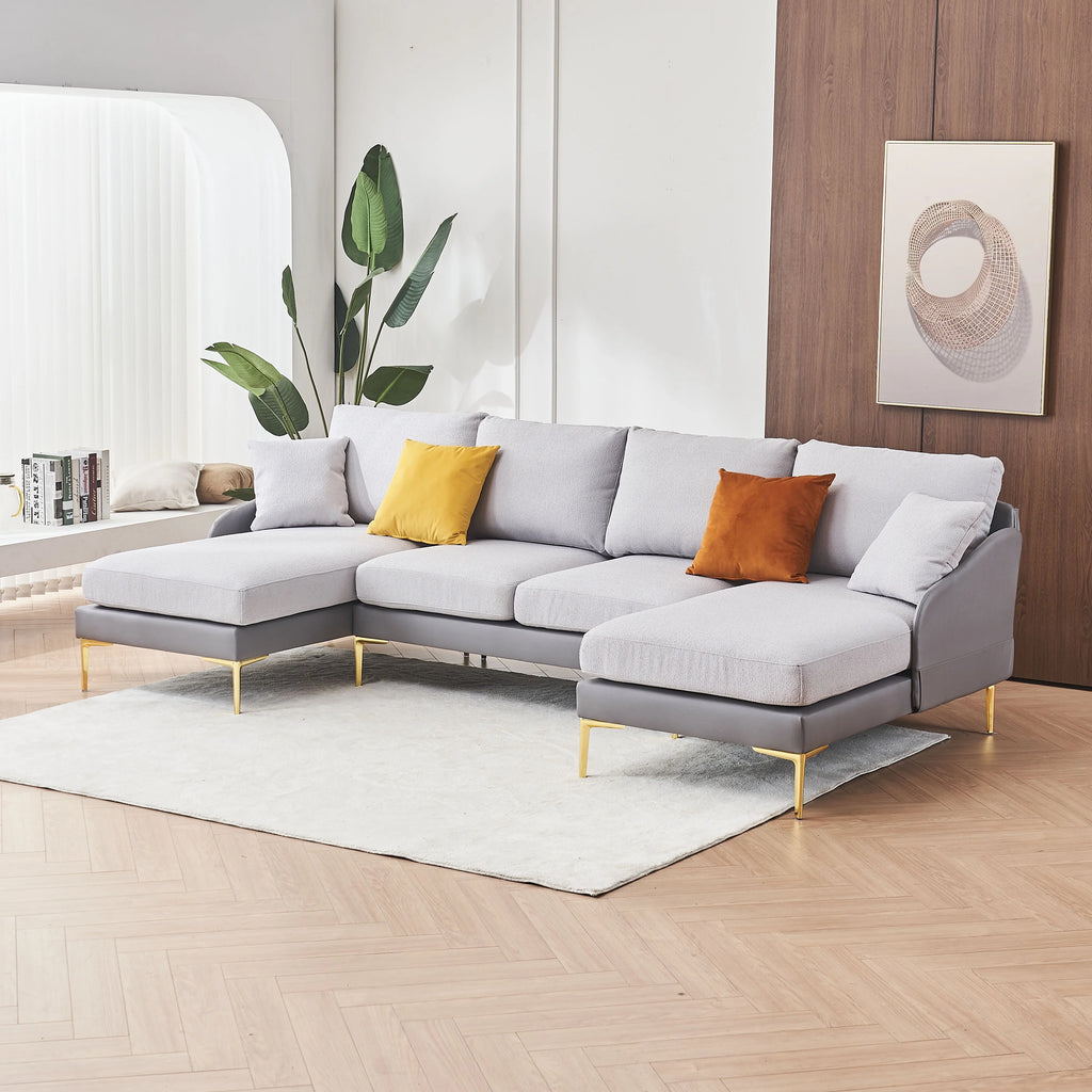 Linen+Leathaire fabric U-shaped sofa with golden legs Z30588