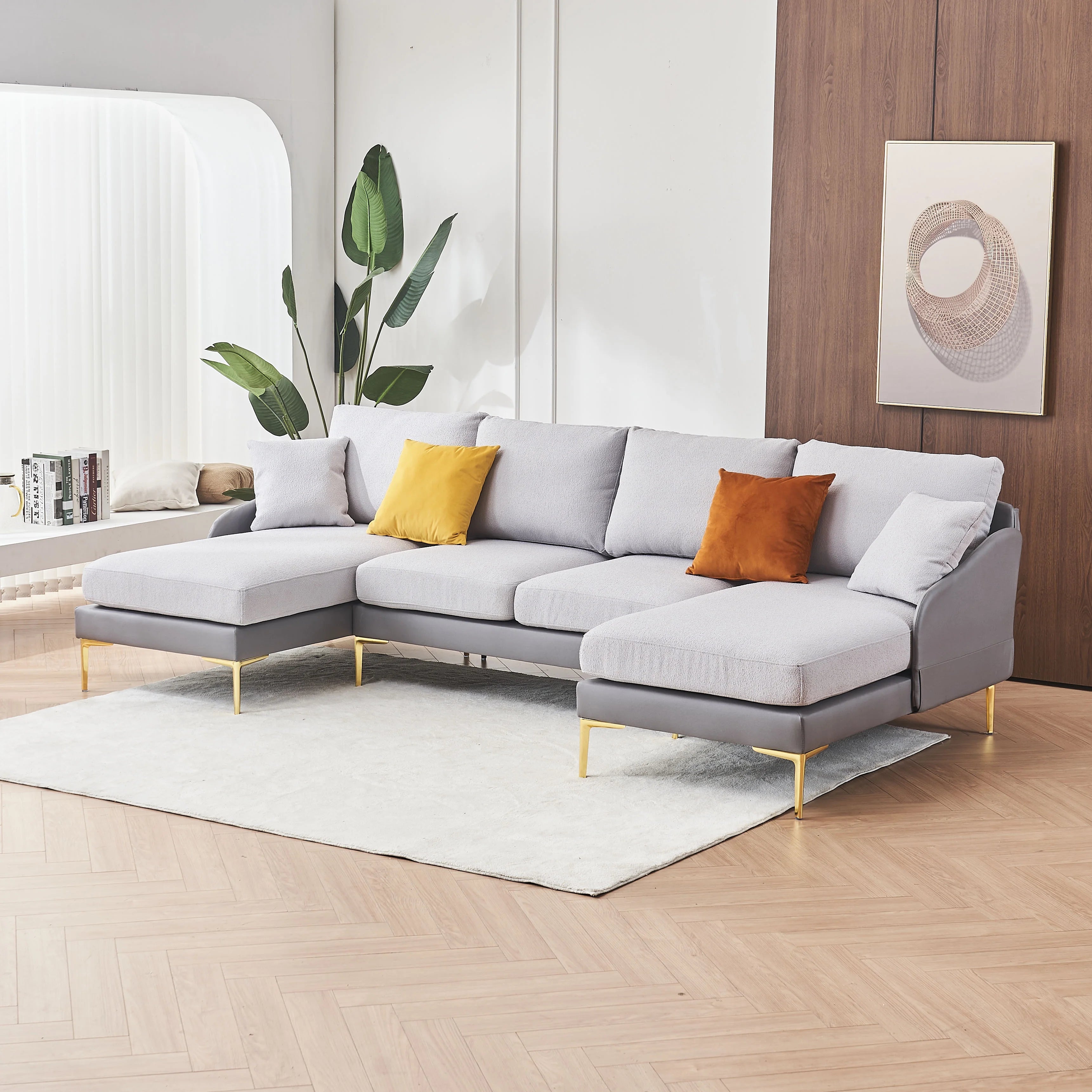 Linen+Leathaire fabric U-shaped sofa with golden legs Z30588