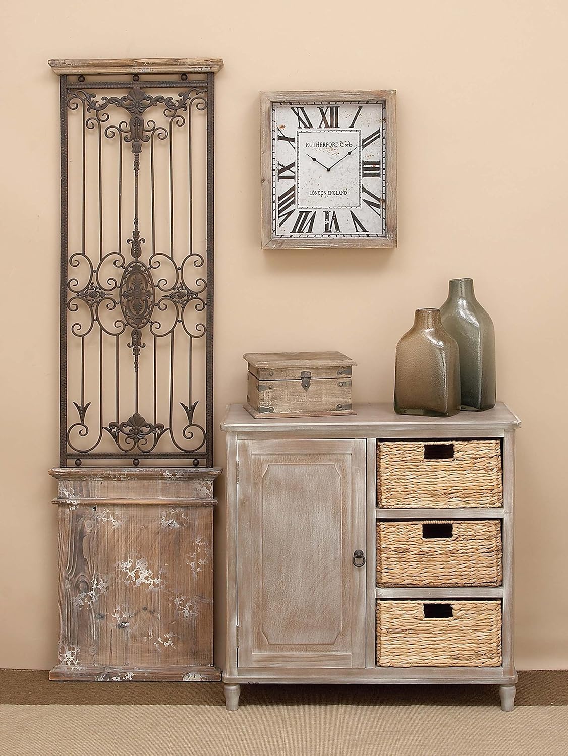 Whitewash Taupe Wood Basket Cabinet Y4717