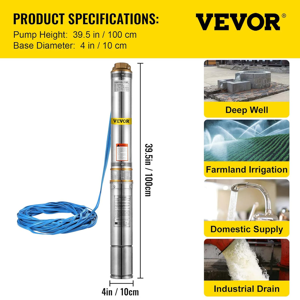 Stainless Steel Submersible Well Pump 1.5 HP 110V 131ft Cable 24GPM G738363