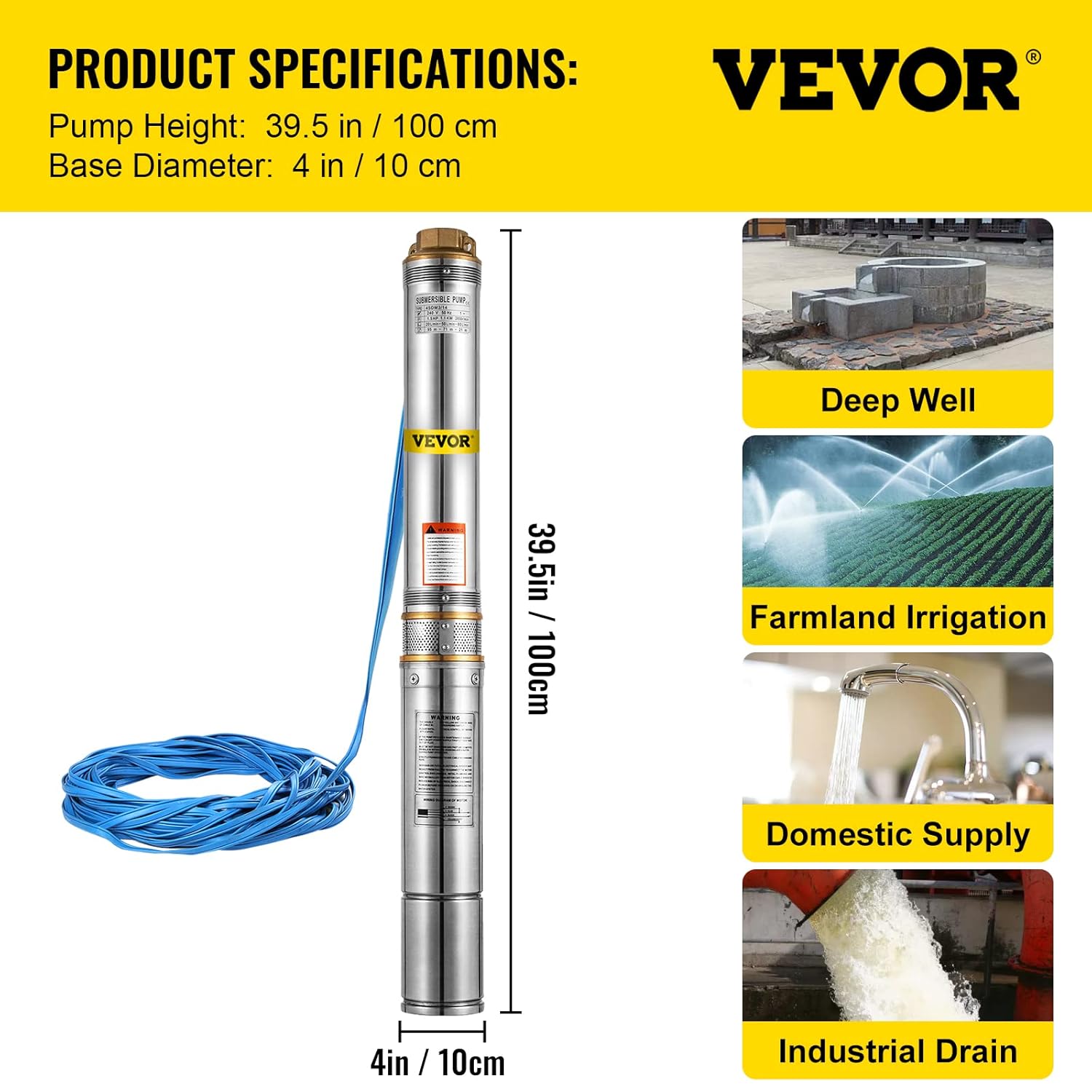 Stainless Steel Submersible Well Pump 1.5 HP 110V 131ft Cable 24GPM G738363