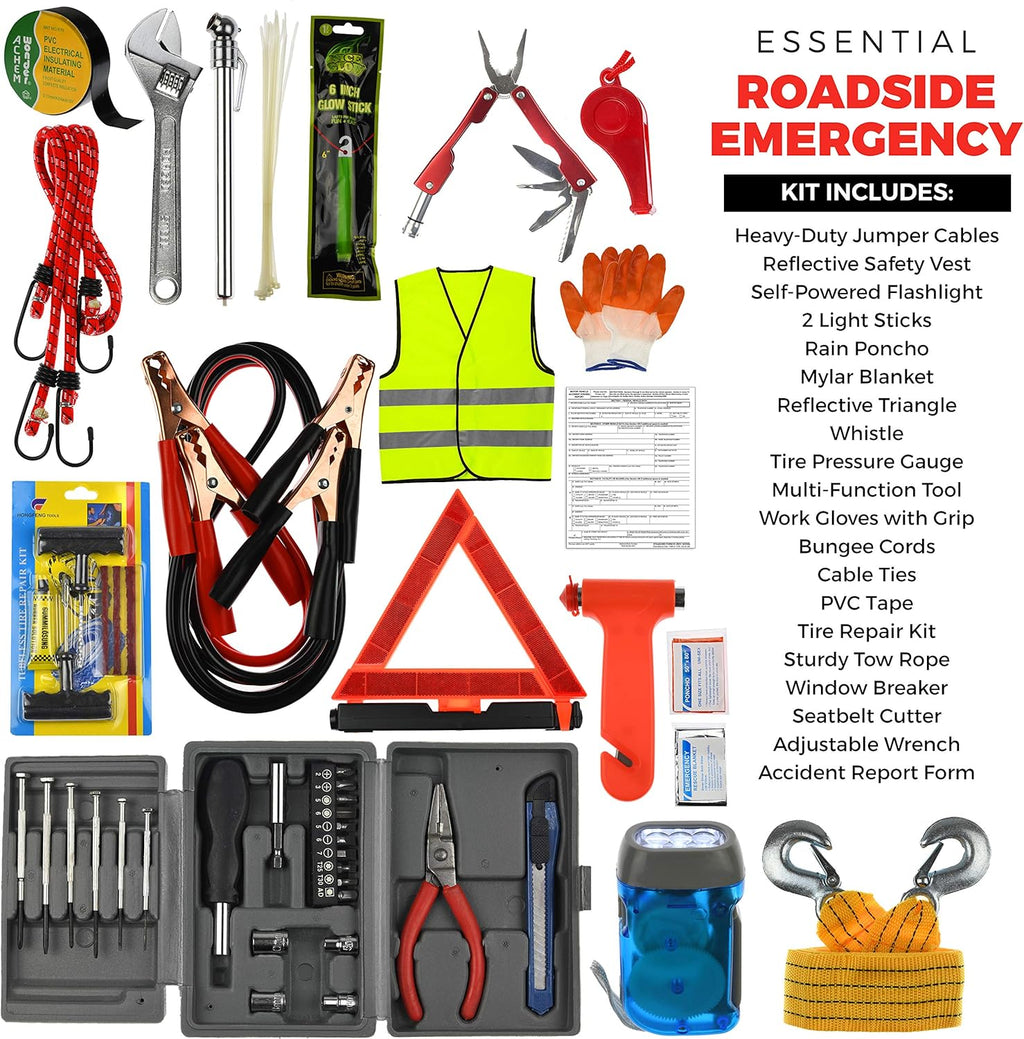 156-Piece Multipurpose Emergency Car Kit with Automotive Tools and First Aid Kit Y93036