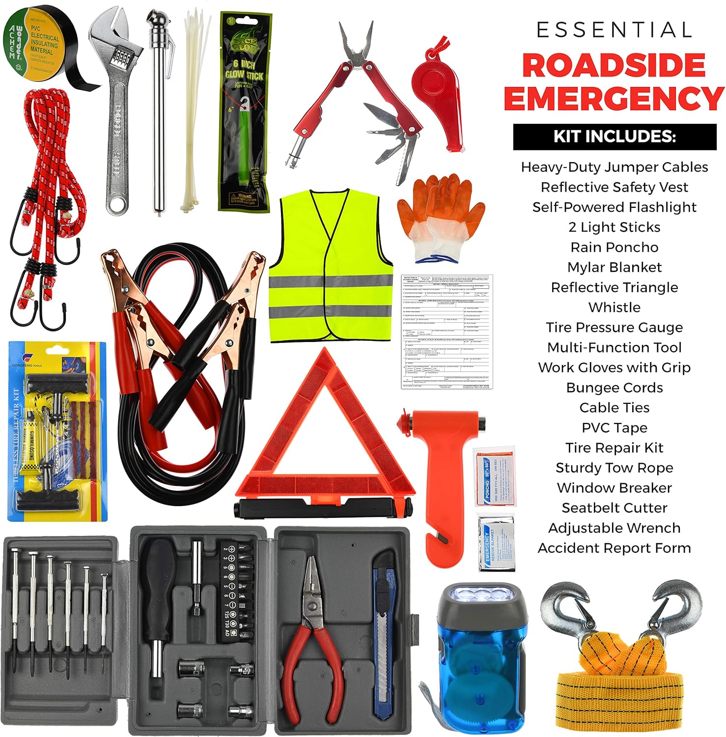 156-Piece Multipurpose Emergency Car Kit with Automotive Tools and First Aid Kit Y93036