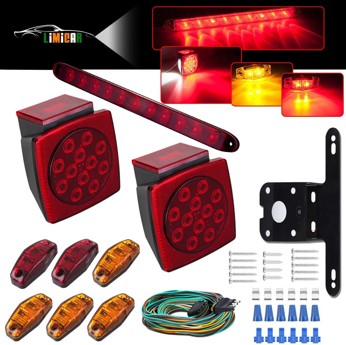 LED Trailer Lights Kit, Submersible Square Stop Turn Tail Lights, Red/Amber Side Marker Lights, 3rd Brake ID Light Bar, Pack of 2 A64198