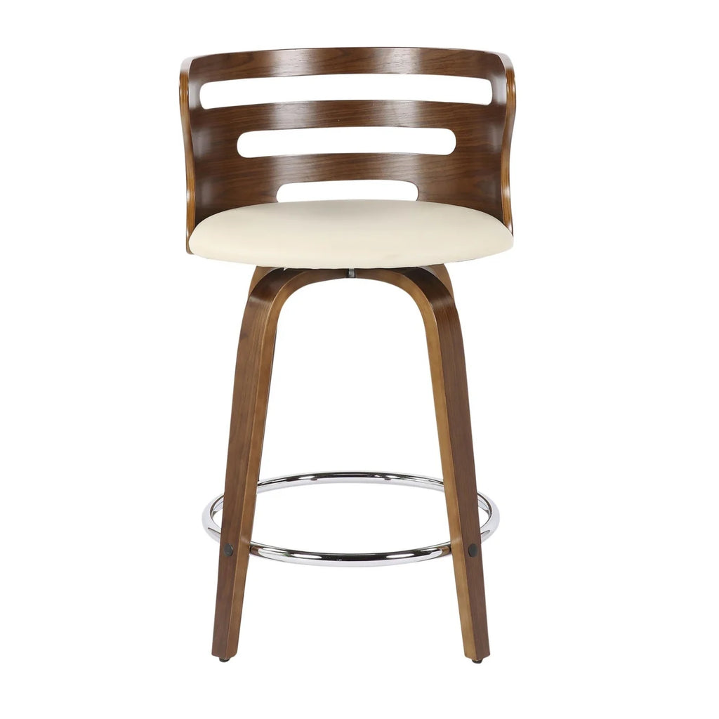 Mid-Century Modern Counter Stool With Swivel In Walnut And Cream Faux Leather - Set Of 2 N4723
