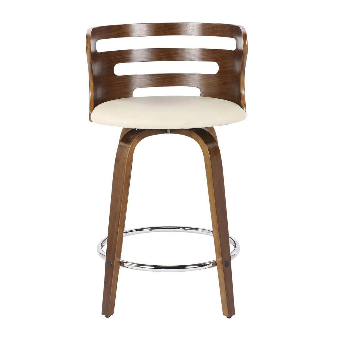 Mid-Century Modern Counter Stool With Swivel In Walnut And Cream Faux Leather - Set Of 2 N4723