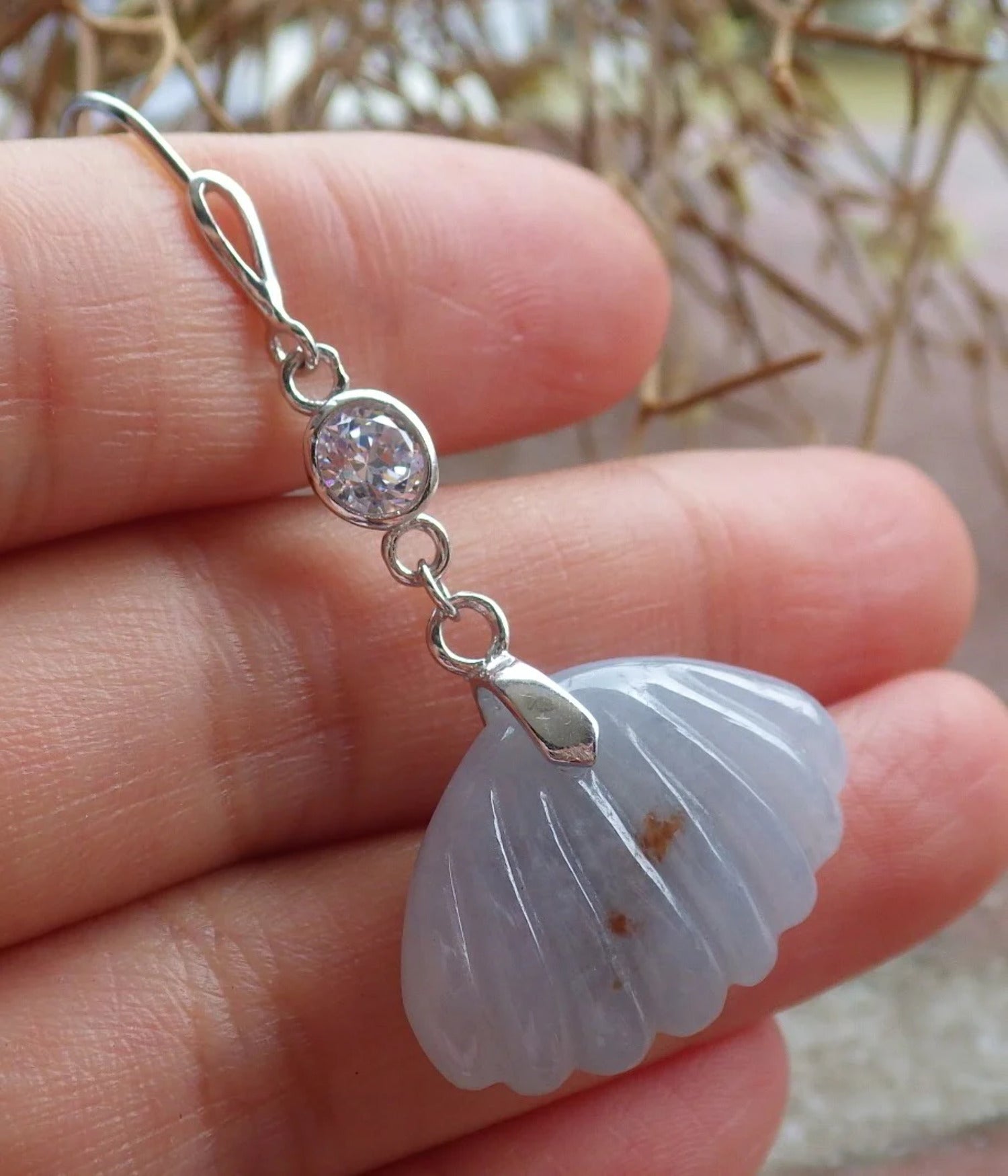 Sterling Silver 925 Hand Carved Jadeite Sea Shell Dangle Earrings D155