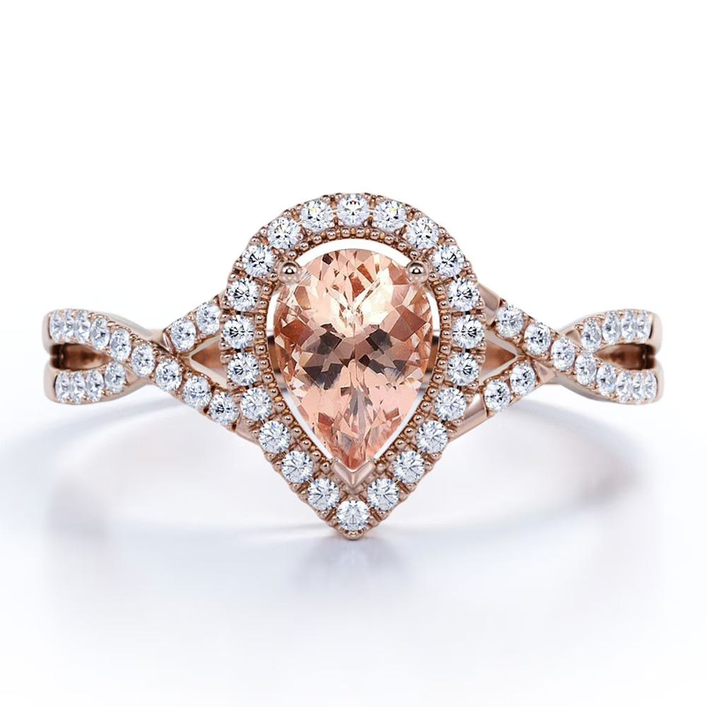 1.75 Carat Pear Cut Created Morganite and Moissanite Engagement Ring in 18k Gold Over Sterling Silver Y975