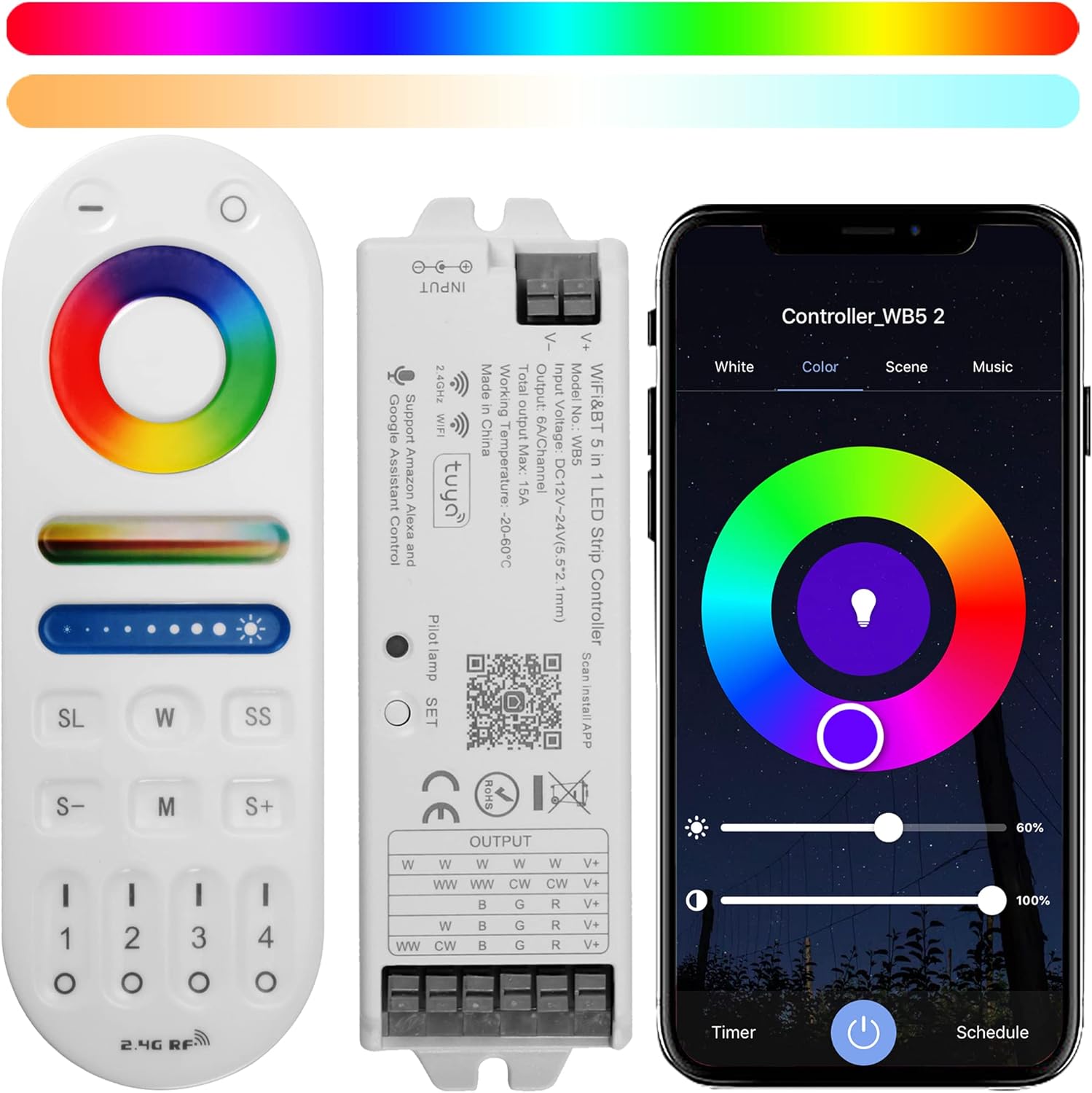 WiFi BT RF Remote Controller Kit for RGB CCT RGBW LED Strip Lights, 4-Zone, DC12-24V, Pack of 2 B60959