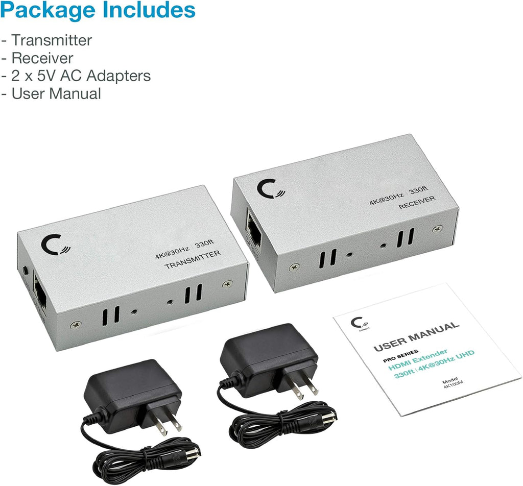 4K 330ft HDMI Extender Over Cat5e / Cat6 / Cat7 Ethernet Cable, Pack of 2 S158047