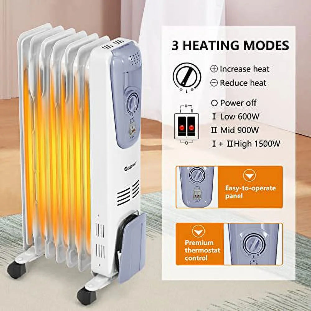 1500W Oil-Filled Radiator Heater with Adjustable Thermostat, 7 Fins J670544