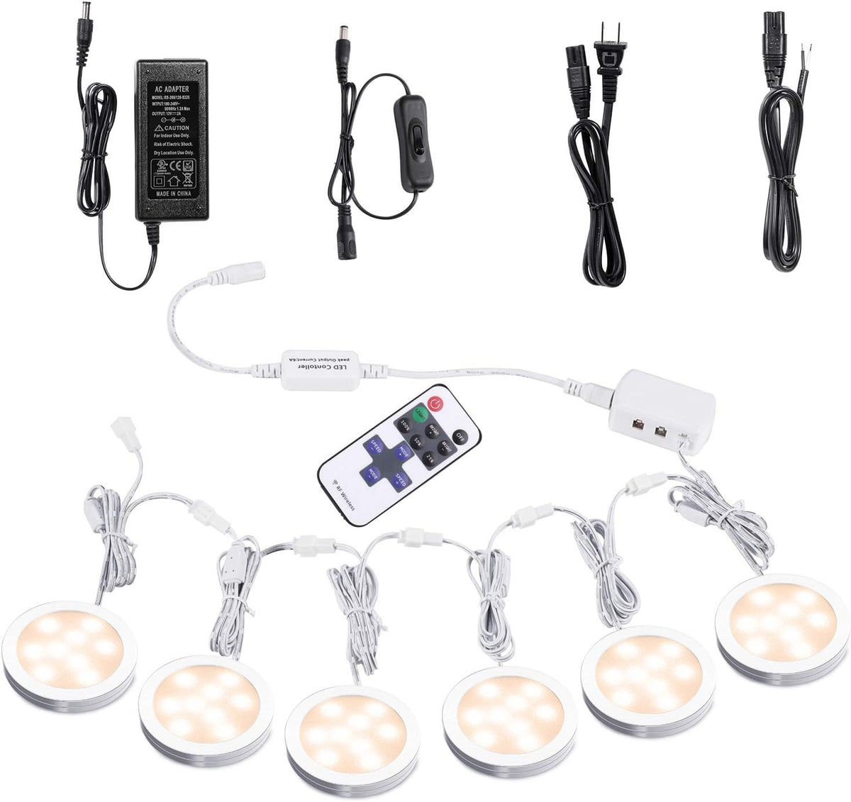 Under Cabinet LED Puck Lights with Wireless RF Remote Control, Hardwired & Wall Plug in, Daylight White, 6 Lights, Pack of 2 K2223