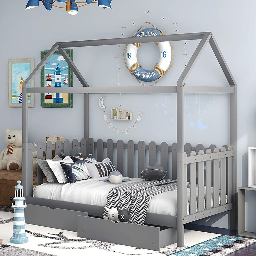 White Twin House Bed with Trundle X89389