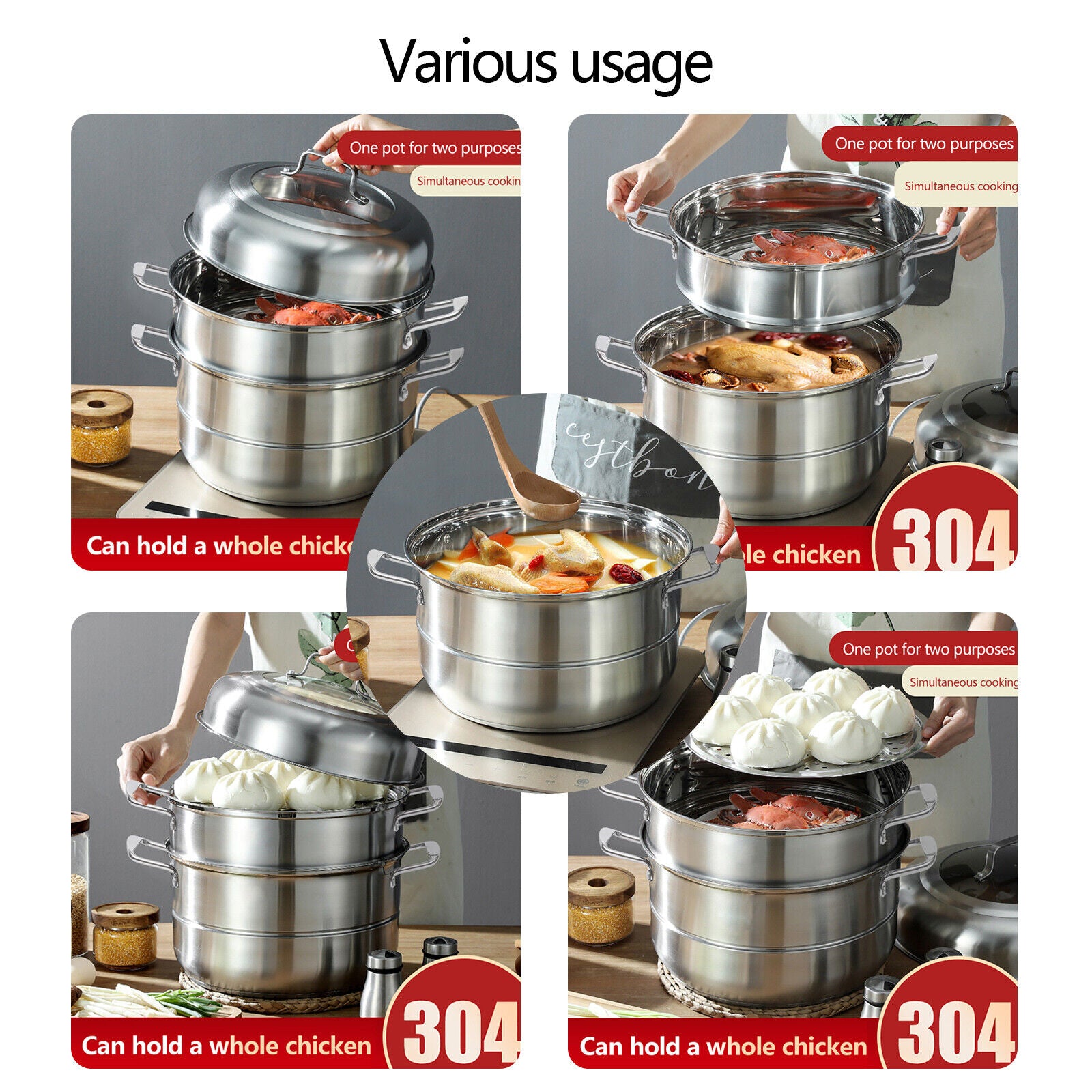 Stainless Steel 5 Tier Steaming Pot with Lid Cookware D9413