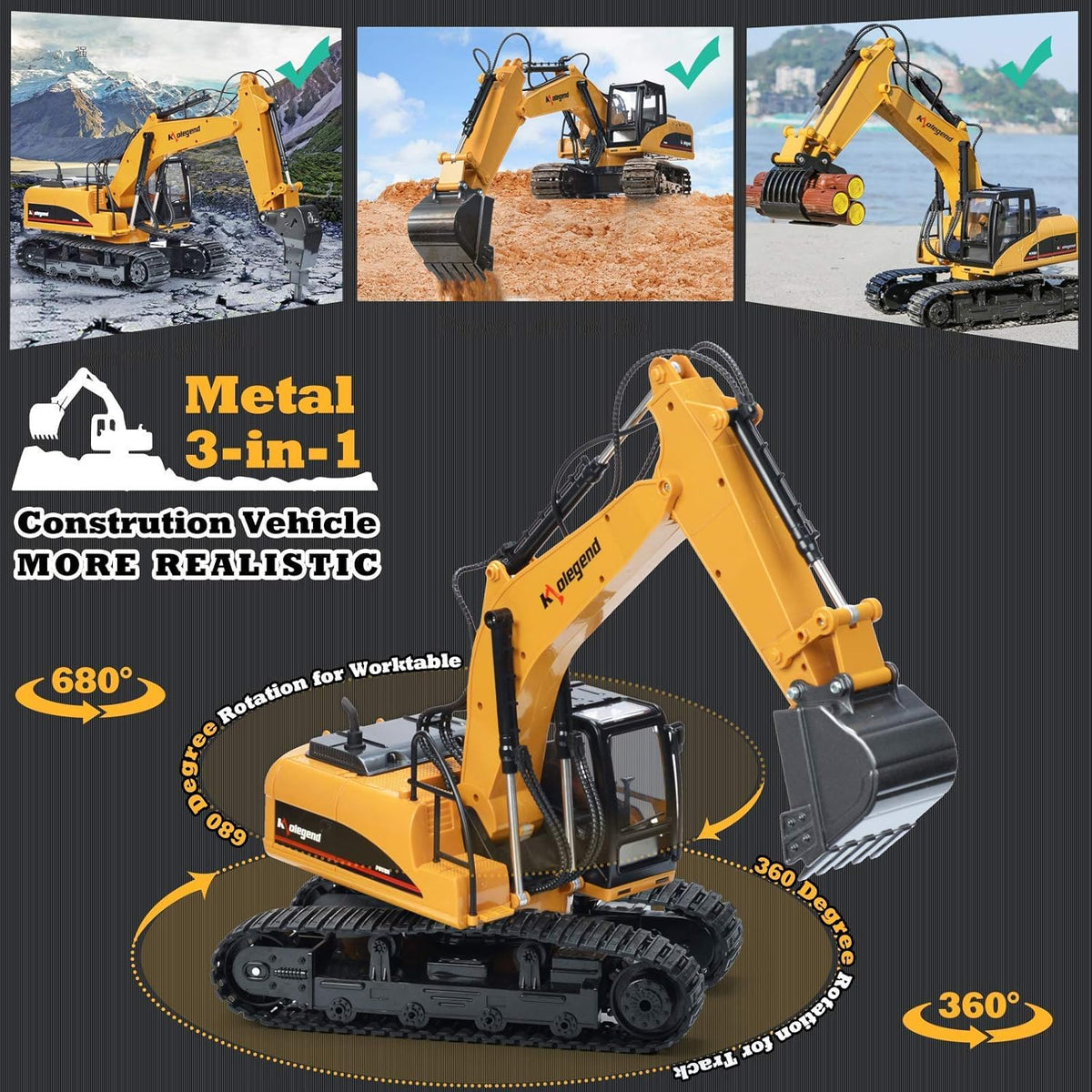 3 in 1 Remote Control Excavator with Metal Shovel, 15 Channel Construction Tractor P443637