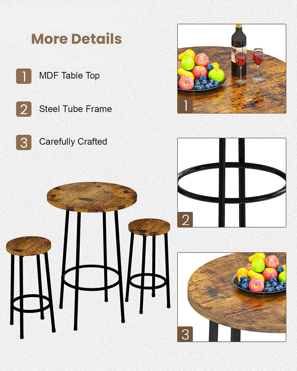Rustic Brown 3 Piece Round Bar Table and Stools H6682