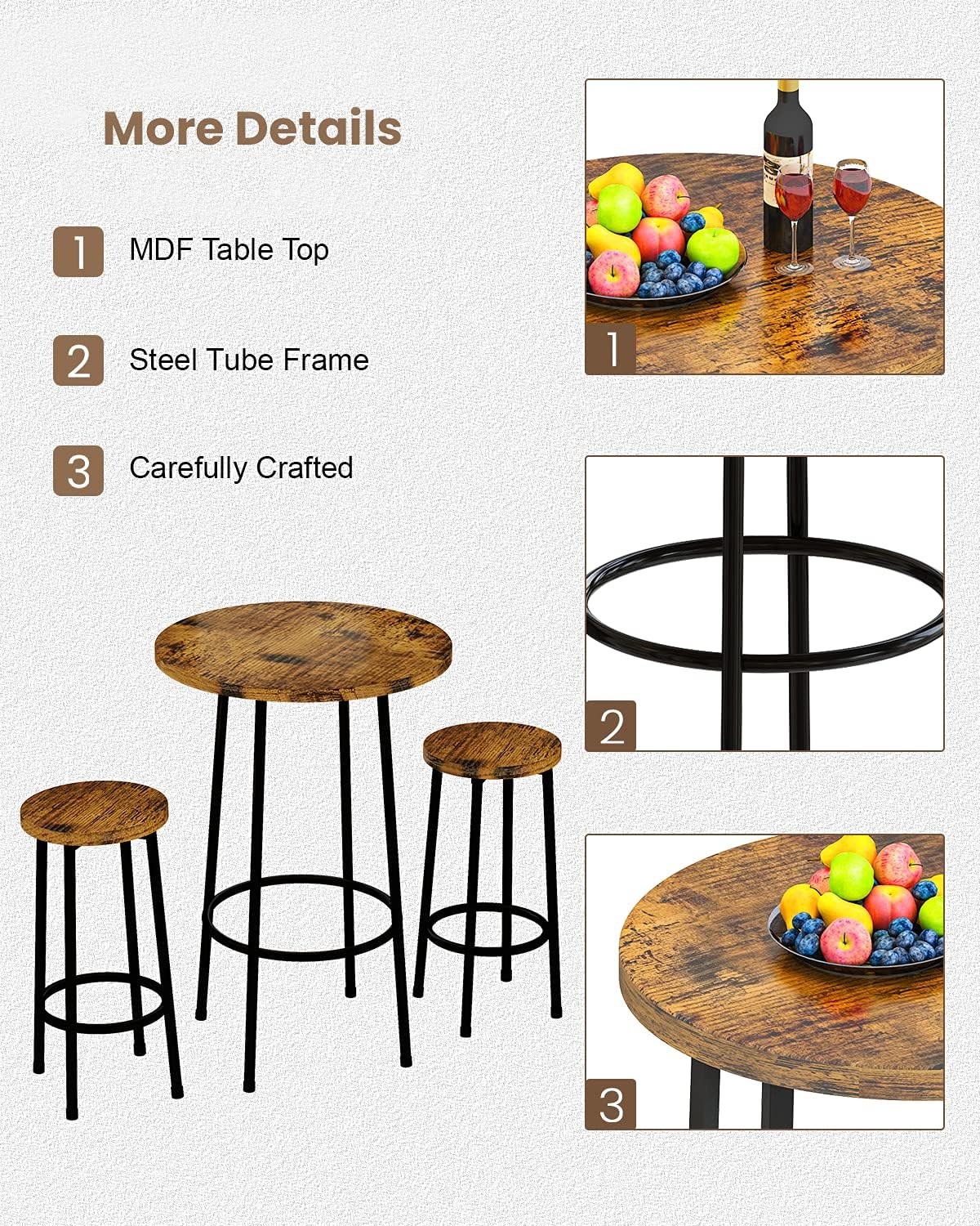 Rustic Brown 3 Piece Round Bar Table and Stools H6682